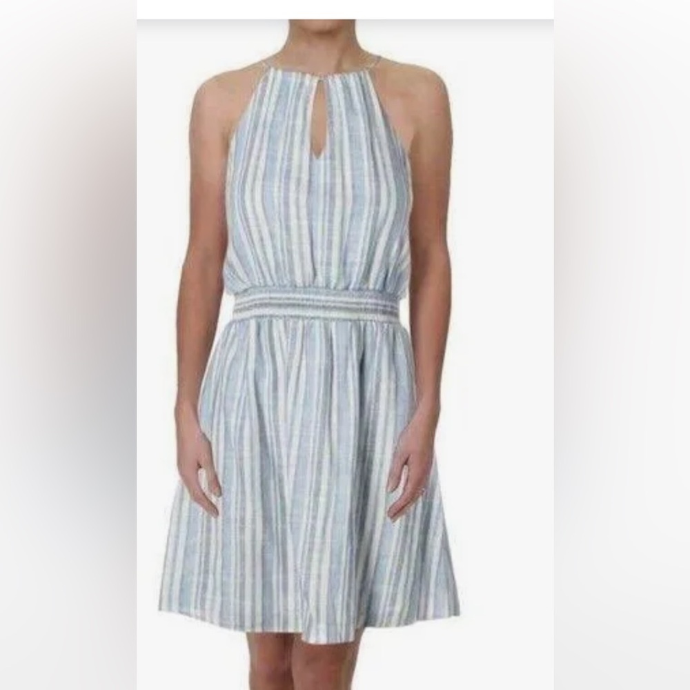 Aqua  S blue/white striped halter dress. Keyhole front/ back Above knee length